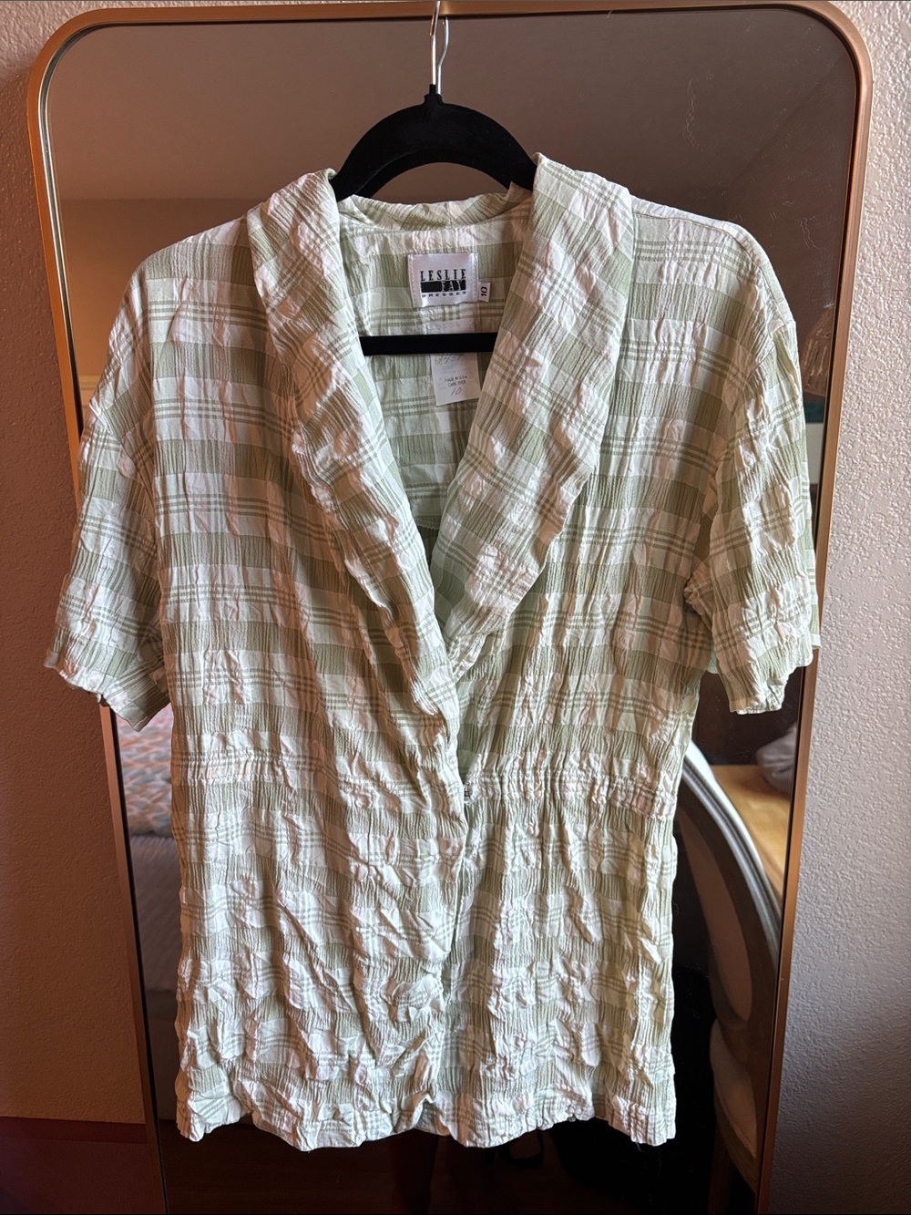 Vintage Leslie Fay Pale Green and Cream Plaid Blouse
